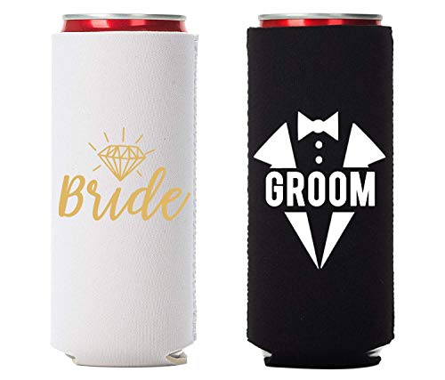 Slim Bride and Groom Can Coolers, Set of 2, 1 White and 1 Black Beer Can Coolies, Cute Wedding Gifts, Novelty Can Cooler, Perfect Engagement Gift, Bridal Shower Gift