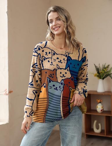 Image of YESNO Women Christmas Sweater Graphic Printed Oversized Pullover Sweaters Casual Loose Knit Tops S01