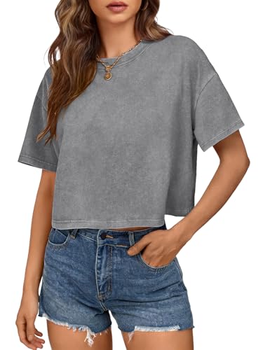 Womens Cropped Tops Short Sleeve T-Shirt Acid Wash Cotton Tee Vintage Round Neck Basic Tees Casual Shirts Grey M