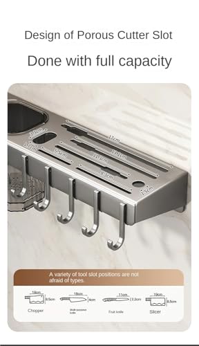 Organizador de cocina para colgar en pared para cuchillos y cubiertos con ganchos para utensilios y toallas, ahorro de espacio, resistente y fácil de instalar (gris) miniatura 4