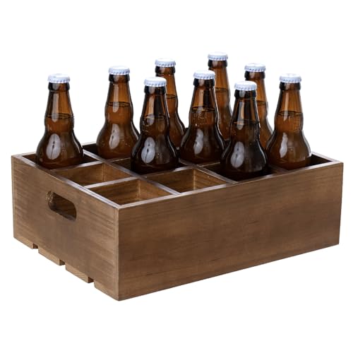MyGift Rustic Brown Wood Bottle Storage Crate - Wooden Beer Holder Box, Bottled Beverage Serving Caddy with Carrying Handles, 12 Individual Slots