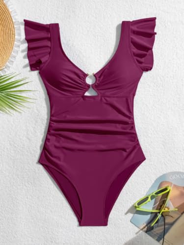 Image of Eomenie Womens Ruffled One Piece Swimsuit Slimming Tummy Control Bathing Suit V-Neck Cutout Swimwear for Resort Wear