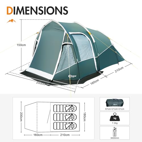 Portal 2-3 Man Tent Luxury 3000mm Waterproof with Porch Awning 3 Person Camping Tent with Sewn-in Groundsheet 2 Man with Bedroom Lightweight Tunnel for Festival Outdoor Hiking - Image 6