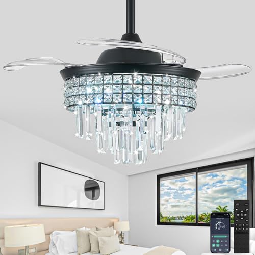 YITGOG Smart Crystal Fandelier with APP Control, 36" Retractable Ceiling Fan Light - Dimmable LED Chandelier Fan, Silent Copper Motor & K9 Crystal Design for Bedroom/Living Room