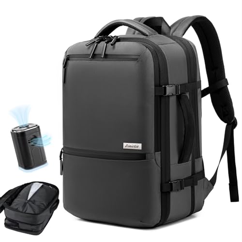 Dinictis Vacuum Seal Backpack 60L with Pump, Expandable Backpack with Vacuum Compression fits 17 inch Laptop, Water Resistant Carry On Suitcase Luggage suit for Short Trip and Business-Dark Grey