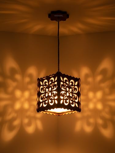 Image of Pendant Light, Wooden Floral Pattern Shade, Decorative Ceiling Lamp | for Home Living Room Decor