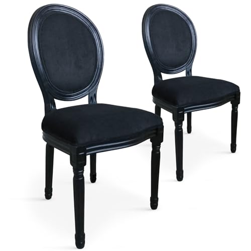 Menzzo Lot de 2 Chaises Médaillon Royale Black Velours Noir – Style Louis XVI – pour Salle à Manger, Salon ou Chambre – Structure Robuste et Élégante