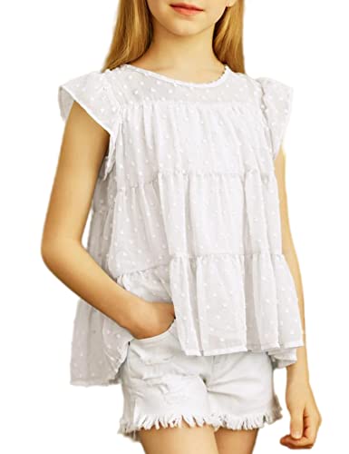 Arshiner Girls Chiffon Blouses Short Sleeve Shirts Summer Casual Polka Dot Tops Solid Color Size 7-8 White #TOP27