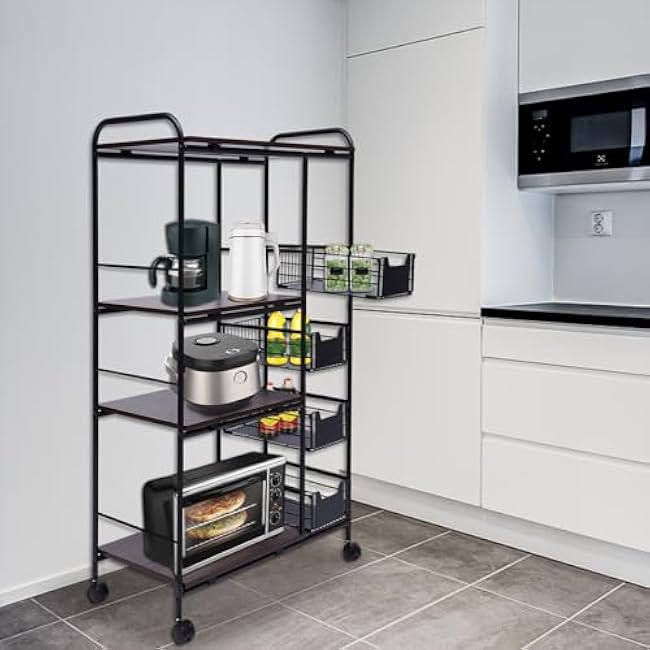4-Tier Kitchen Storage Shelf 360¡ã Rolling Display Storage Rack Trolley with 4 Push-Pull Drawers, Utility Cart Metal Basket with Wheels, Fruit Vegetable Basket Rack Storage Bins Shelf for Home Kitchen-A9UkSRUv