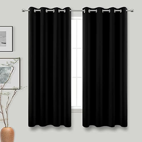 KOUFALL Black Blackout Curtains 63 Inch Length for Bedroom,Thermal Insulated Grommet 2 Panels Ringed Blocking Light Dimming Pitch Dark Thick Black Out Cover Darkening Window Curtain 63 Inches Long