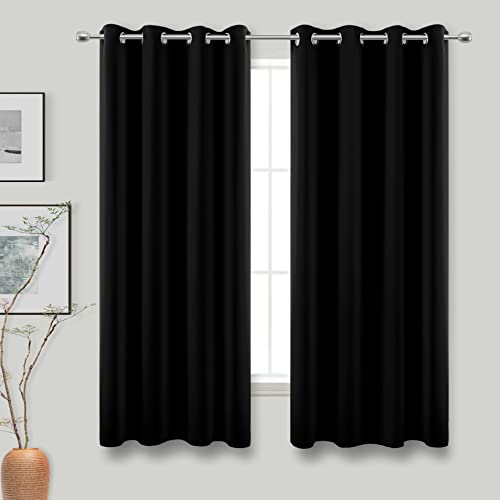 Koufall Black Blackout Curtains 63 Inch Length For Bedroom,Thermal Insulated Grommet 2 Panels Ringed Blocking Light Dimming Pitch Dark Thick Black Out Cover Darkening Window Curtain 63 Inches Long #TOP17