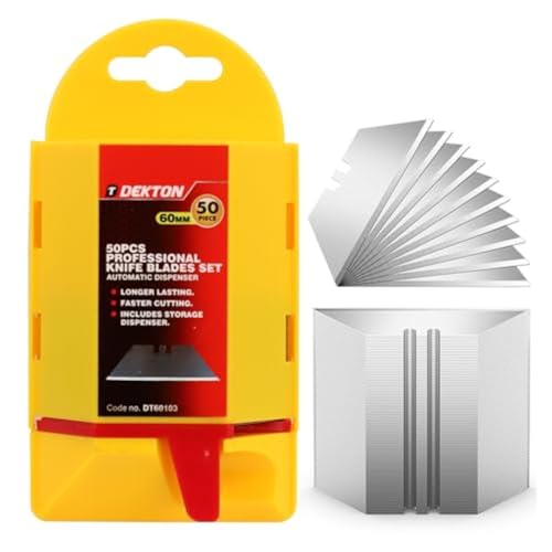 Dekton 50PCS SK5 Utility Blades with Auto Dispenser - Heavy Duty Steel, Long - Lasting Sharp Blades for Cardboard, Carpet, Leather, Paper & DIY Cutting Projects