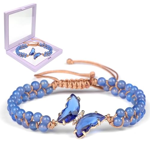 Healing Amethyst Crystal Butterfly Bracelets for Women, Bracelet with Lucky Butterfly Charms, Double Braided Crystal Chain Purple Beaded Healing Stretch Bracelet Gifts for Her Amethyst Brace