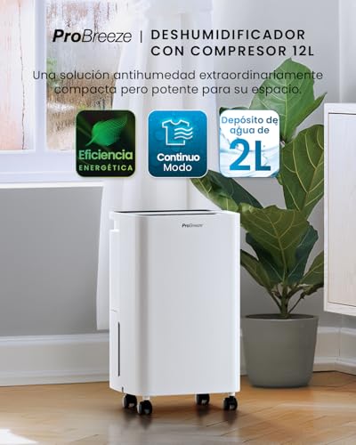 Miniatura 2 de Pro Breeze Deshumidificador Con Compresor 12l Y Depósito De Agua 2l, Secado De Ropa Y Sensor De Humedad - Deshumidificador Portátil Temporizador 24h Humedad, Moho Y Condensación. Habitaciones 20m