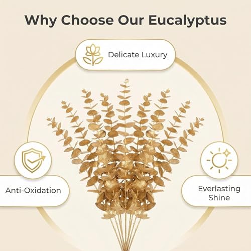 CSLIMNB 40 Pcs Decor Fake Eucalyptus Leaves for Christmas Decor Gold Leaf Artificiales para Table Wedding Home Room Office Decoracion (20inch) — view 3