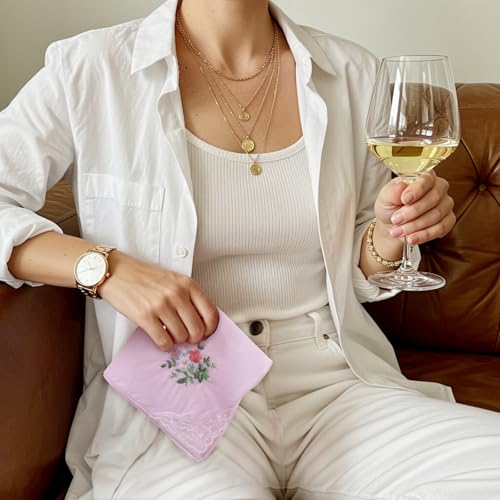 6 Pcs White Handkerchiefs for Women,Soft Cotton Blend Flower Embroidered Ladies Handkerchiefs, Elegant Vintage Floral Women's Handkerchief for Wedding Party(Multicolor)3