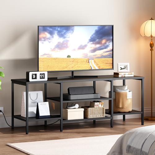 Image of HOOBRO TV Stand with Power Outlets to 65 Inches, TV Console Table with Open Storage Shelves, Industrial Media Entertainment Center for Living Room Bedroom, Black BB40DS01