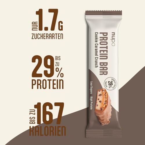 Nupo Proteinriegel Cookie Caramel Crunch | 13 g Protein pro Riegel | Wenig Zucker | Glutenfrei | 45 g x 12 Pack | Eiweißriegel