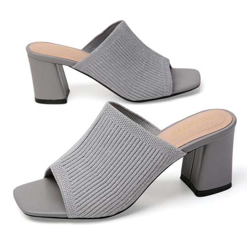 Image of Tilocow Knit Heeled Sandals for Women Square Open Toe Heeled Mules Chunky Block Low Heel Slip On Slides