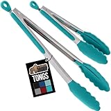 GORILLA GRIP Stainless Steel Heat Resistant Kitchen Tongs for Cooking, Set of 2 BBQ Tong, Non Scratch Silicone Tip for Pans, Strong Grip, Grab Food, Salad, Air Fryer, Pull Lock, 7 + 9 Inch, Turquoise
