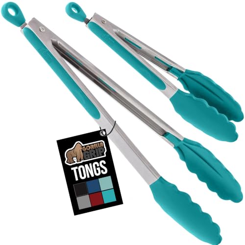 Image of GORILLA GRIP Stainless Steel BPA-Free Kitchen Tongs for Cooking, Heat Resistant BBQ Tong Set of 2, Non Scratch Silicone Tip for Pan, Strong Grip, Grab Food, Toss Salad, Pull Lock, 7+9 Inch, Turquoise