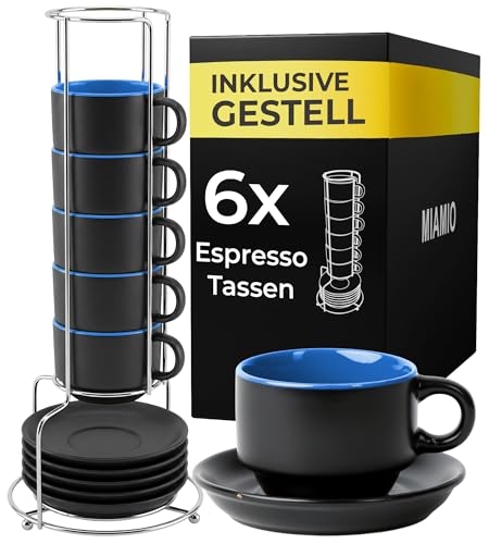 MIAMIO - 6 x 75 ml Espressotassen Set/Espresso Tassen Set mit Untertasse & Ständer - Kaffeetassen Set 6er Kaffeebecher Keramik - Le Papillon Kollektion (Blau)