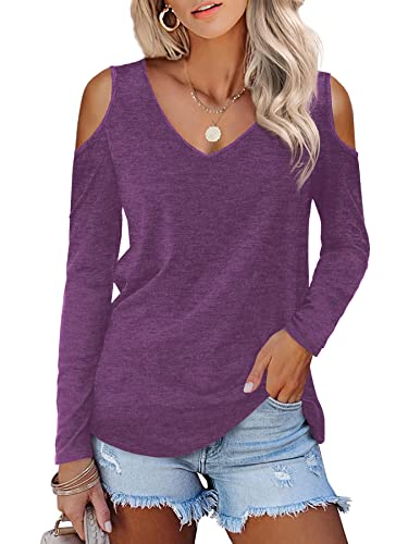 Beluring Women Spring Long Sleeved Tunic Shirts V Neck Cold Shoulder Tops Purple Size 16 18