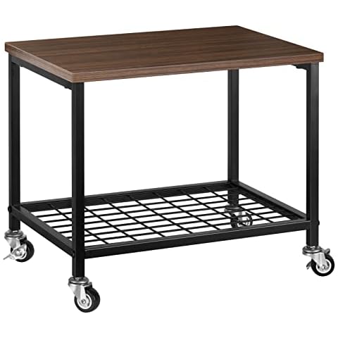 Printer Stand Rack, Under Desk Printer Cart with Wheels for Mobility, 2 Tier Small Desktop Storage Rack End Table, Wood Look, Industrial Rolling Printer Holder for Office, Home, Scanner - Rustic Brown Cover