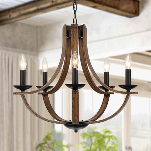 LAMPKEDUO Farmhouse Chandeliers for Dining Room Light Fixture, 5-Light 24 inch Faux Wood Texture Hanging Lighting Fixtures, Rustic Candle Chandeliers for Living Room Kitchen Island Foyer Entryway