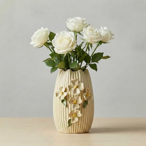 Wancetang Yellow Ceramic Vase - 7 Inch Small Decorative Vases Home Decor, 3D Modern Flower Vase, Centerpiece Table, Shelf, Mantel, Kitchen, Living Room Decor