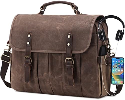 NerIion Messenger Bag for Men 15.6 Inch Vintage Canvas Genuine Leather Briefcase for Men Laptop Bag Waterproof Computer Satchel Shoulder Bag (Brown)