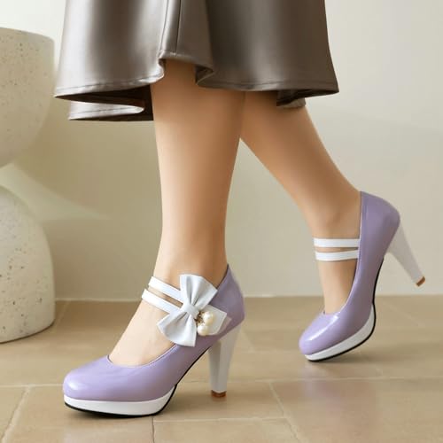 AIMODOR Mary Jane Shoes Women Block High Heel Round Toe Platform Sweet Bow Patent Leather Ankle Strap Dress Pumps Ladies3