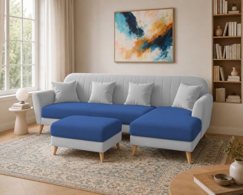 Image of Atticus RHS 6 Seater L Shape Sofa Set with Ottoman Living Room (Blue Grey Colour Fabric) Premium Fabric Sofa Set for Living Room