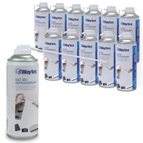 Waytex Lot de 12 Dépoussiérants Spray Air sec 400ml Ultra Puissant 5 bars, Bombes d’Air Comprimé Nettoyant pour PC, Clavier, Appareil Photo et Composants électroniques, avec buse précision