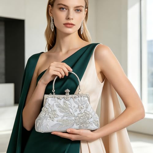 Image of 1920s Clutch Purses for Women, Embroidery Sequin Rhinestone Evening Bag | Top handle and removable shoulder chain, lightweight sequin floral design. Ideal for weddings, galas and formal events