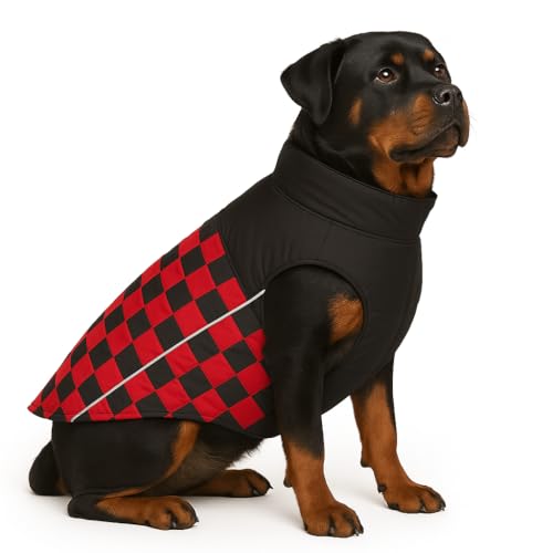 Image of The Pets Company Dog Winter Coat Jacket, Clothes, Windproof, Waterproof, Light Weight, Washable, Ultra Warm Thick Fleece Lined Dog Vest for Cold Weather Protection, (Red Check, X-Large - 28 Inch)