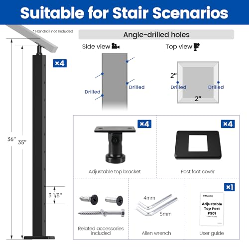 image for Muzata 4Pack Black Stair Cable Railing Post 36 Inch for 25-35 Degrees 