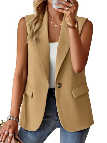 ALSOGO Blazer Damen Ärmellos Weste Sportlich Elegant Einfarbig Blazer Jacke Mantel Geschäft Büro Anzugjacke Revers Offene Vorderseite Freizeit Business Jacke mit Tasche Khaki M