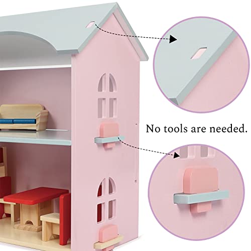 Puppenhaus Holz mit Möbeln und Zubehör, Puppenhaus Klein Gehören Schlafzimmer Küche Wohnzimmer, 22 Stück Mädchen… – Bild 6