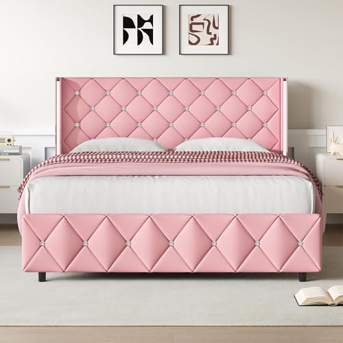 Lullabyre Queen Size Bed Frame Upholstered Bed Frame with Diamond Tufted Headboard Modern Silverside Wingback No Box Spring Needed Easy Assembly Pink