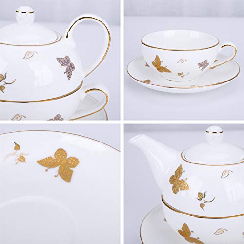 fanquare Juego de Té para Una Persona con Mariposa de Oro, Juego de Tetera con Taza de Café y Platillo, Porcelana - Imagen 6