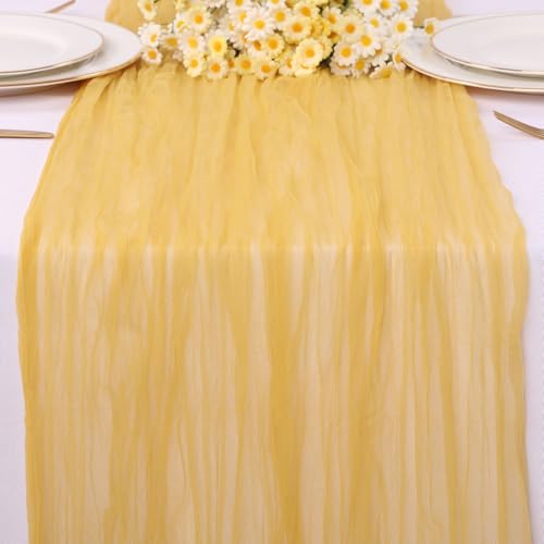TuTive Yellow Gauze Table Runner 10ft Rustic Cheese Cloth Table Runner Boho Style Decoration for Romantic Date Wedding Party Baby Shower Photography Decoration
