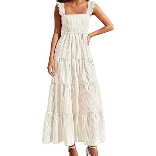 Vestido largo de algodón a rayas con falda acampanada de cintura alta y cuello cuadrado