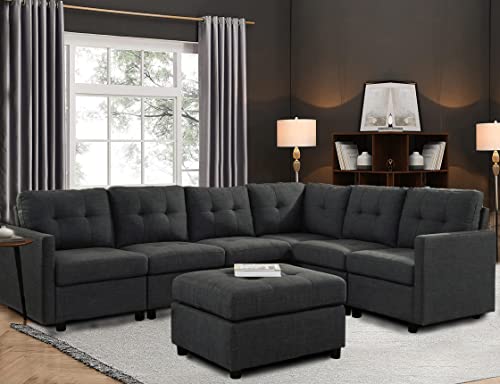 Asunflower Sectional Sofa Ottoman Set 6 Seats Modular Corner Sectional Couches Living Room Furniture Sets Reversible L Shape Fabric Couches Dark Grey #TOP5