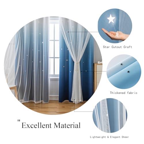 Image of indistar Dreamy Star Cutout Blackout Curtains with White Sheer,Double Layer Curtains for Girls Bedroom, Hollow Out Drapes for Nursery (2 Panel,52Wx72L,Dark Blue)