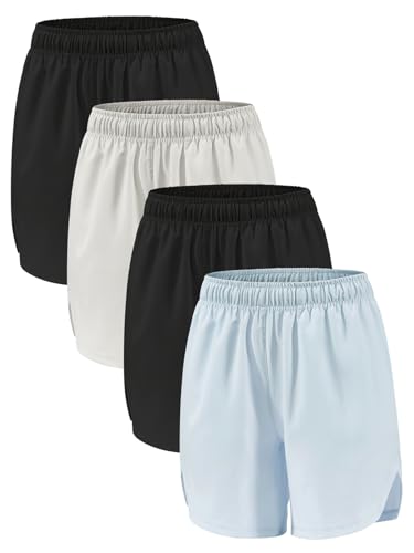 ATTIQOZI 4 Pack Girls Athletic Shorts,Girls Basketball Shorts,Kids Workout Gym Soccer Shorts for Girls with Drawstring & Pockets Black/Gray/Black/Blue M