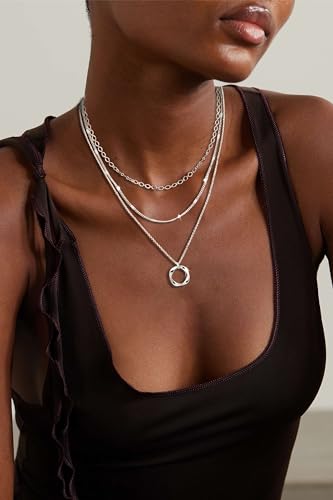 Layered Silver Necklaces for Women, Sterling Silver Stackable Stack Choker Necklaces for Women Trendy Layering Circle Pendant Chain Necklace Set Jewelry for Women2
