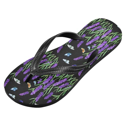 Sinestour Lavender Butterfly Black Flip Flops for Beach Thong Sandals Anti-slip Lightweight Beach Slippers for House Indoor Outdoor2