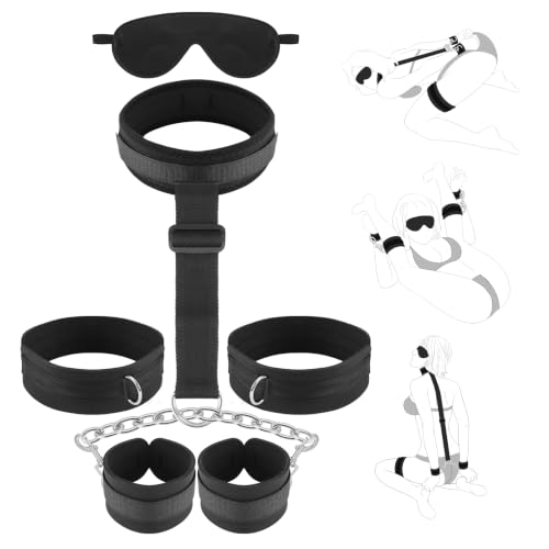 Bondage Restraint BDSM Sex Toys Wrist & Thigh Cuffs BDSM Restraints Set with Adjustable Neck to Wrist Strap Floggers Kits | Adult Toys for Men Women and Couple Beginner SM Game Play | 6PCS