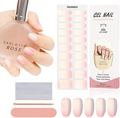Kalolary 20PCS Semi Cured Gel Nail Polish Strips, Gradient Pink Adhesive Full Wrap Gel Nail Art Sticker, Waterproof Gel Nail Wrap Stickers with Nail File and Stick（UV/LED Lamp Required）
